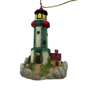 Vintage Green White Lighthouse Resin Christmas Ornament Nautical Coastal‎ Decor